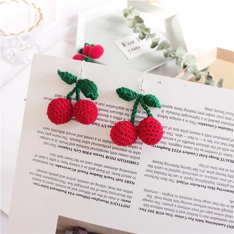 

YWUULI Cute Korean Knit Woolen Yarn Fruit Cherry Earrings for Women Sweet Dangle Earrings Fashion Jewelry Christmas Gift MJ148