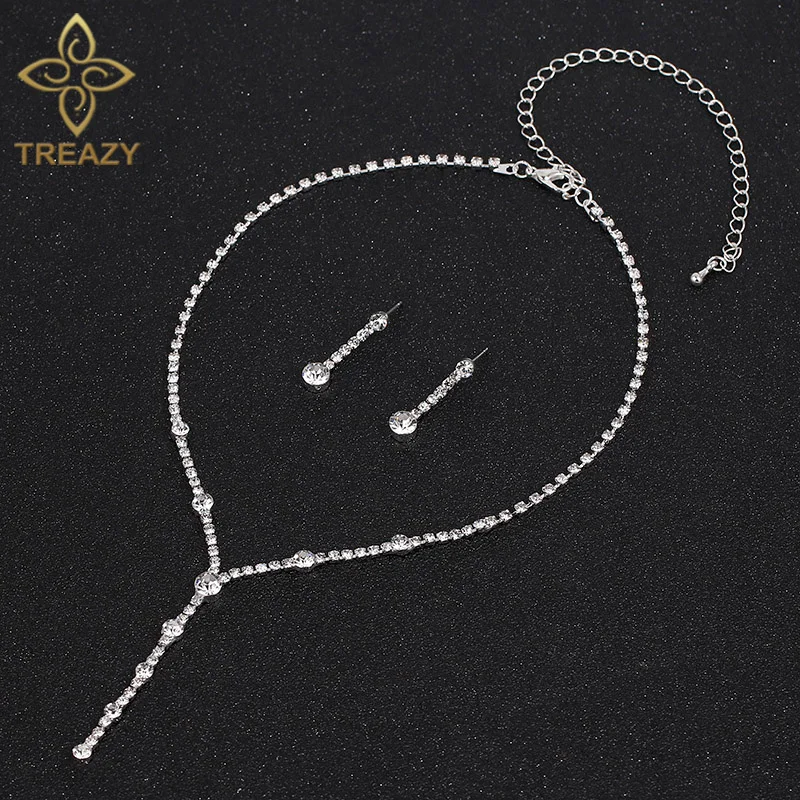 TREAZY Посеребренные стразы кристалл длинное ожерелье капля Комплект сережек для