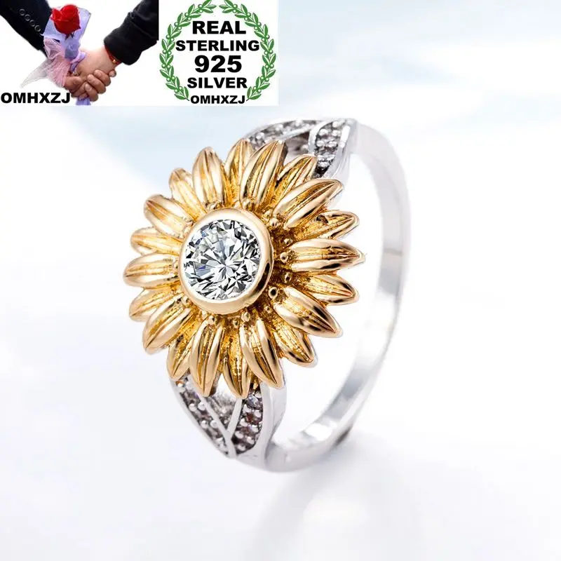 

OMHXZJ Wholesale Personality Fashion OL Woman Girl Party Wedding Gift Gold Sunflower AAA Zircon 925 Sterling Silver Ring RN207