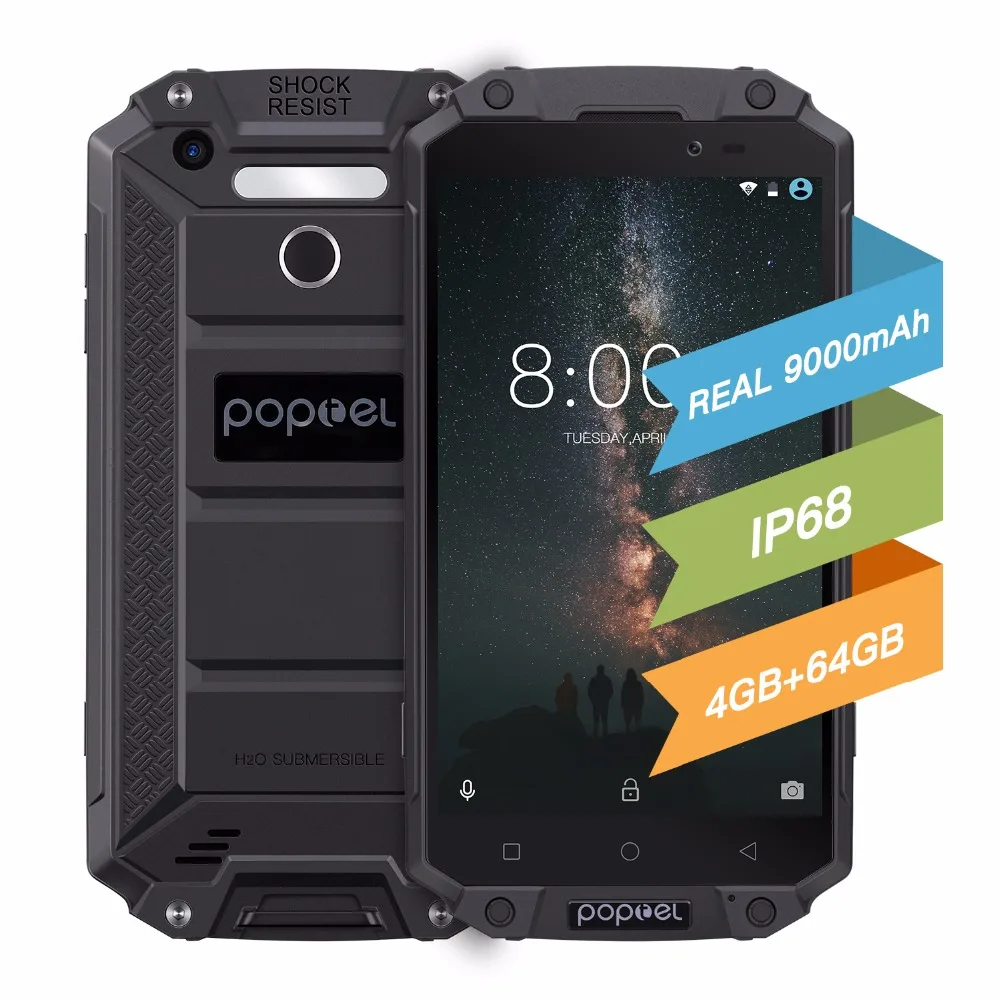 POPTEL P9000 Max 9000 мАч IP68 wateproof 5 &quotмобильный телефон FHD Android 7 0 mtk6750 восемь ядер 4 ГБ 64 13MP NFC
