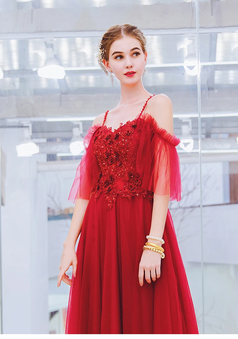 SSYFashion Новое роскошное красное вечернее платье невесты для свадьбы, банкета с кружевной аппликацией длиной до пола, длинное вечернее платье, Robe De Soiree