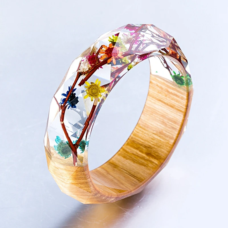 Дерево и смола браслеты для женщин прозрачные настоящие цветы ручной работы ромб