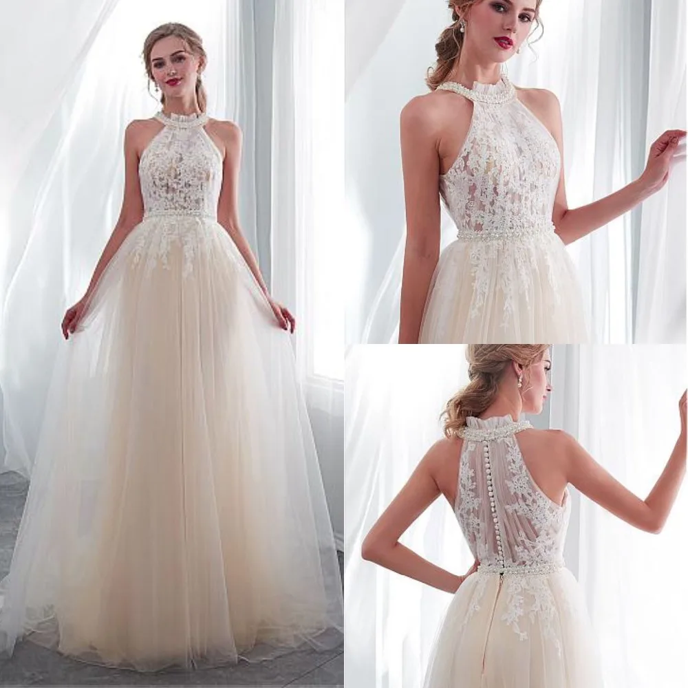 

In Stock Exquisite Tulle Halter Champagne Wedding Dress See-through Bodice A-line Bridal Gowns Floor Length Appliques Dress 2019