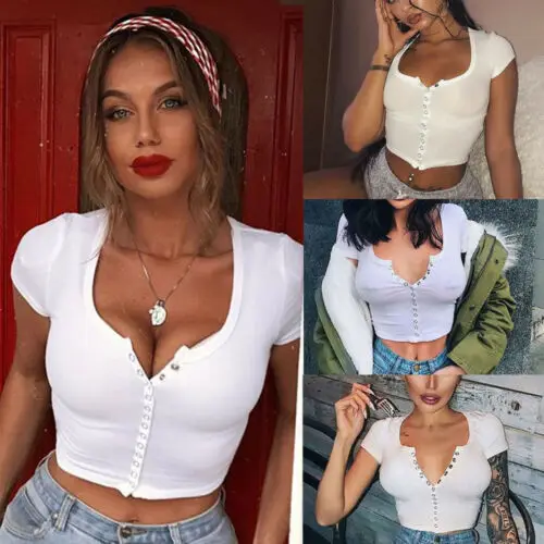 Sexy Casual O-Neck Buttons T-shirt Women Short Sleeve Femme Solid White Tee Tops | Женская одежда