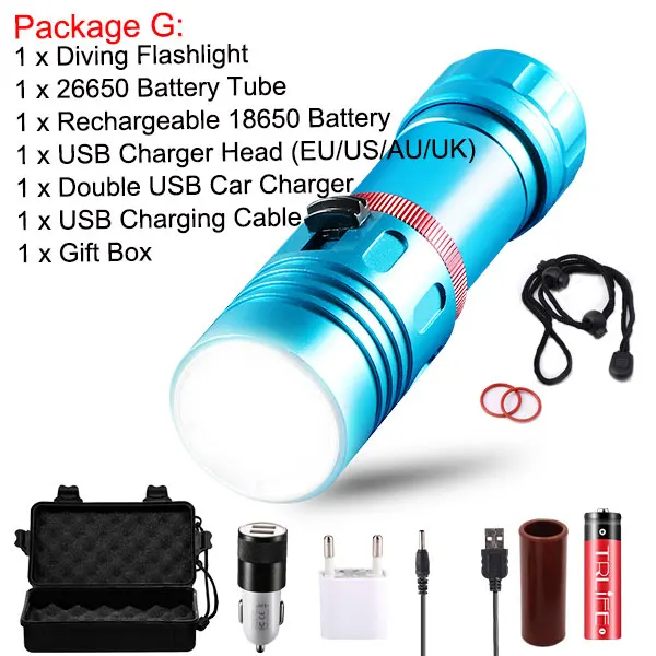 Package G Подводный фонарь L2 для дайвинга, профессиональный фонарь, 200 м, для подводного плавания, Диви, кемпинга, бесступенчатая, с затемнением, 18650 или 26650 - Испускаемый цвет: Package G