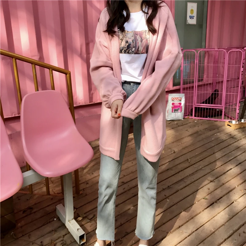 Осень и зима. Универсальные свободные ulzzang Harajuku ветровка BF длинный свитер кардиган пальто толстый женский