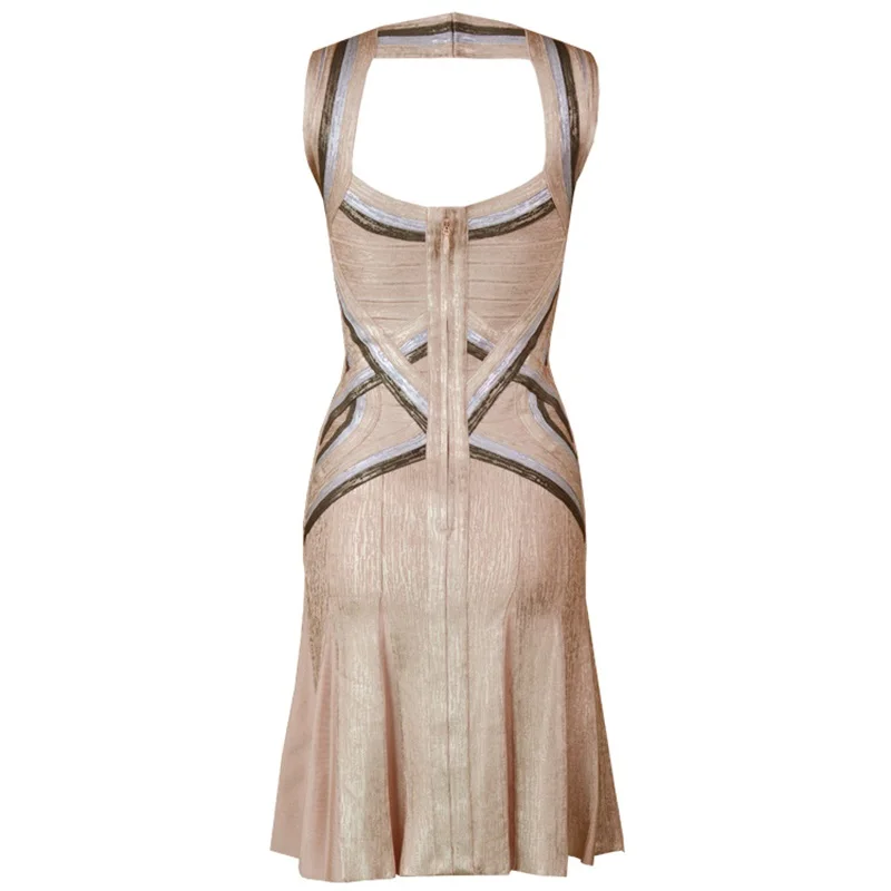 

2018 Elegant Women Bandage Dress HL Sexy Cutout Striped Foil Printing Dresses High Quality Sleeveless Celebrity Party Vestidos