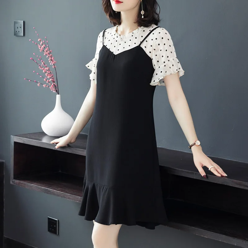 2019Summer elegant sweet dot fake two midi Dress contrast color juniors A-line petal sleeves casual vestidos plus size 5XL | Женская