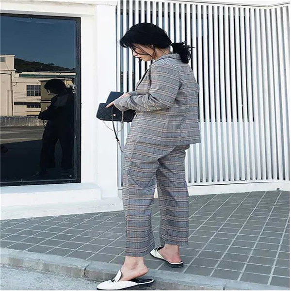 RUGOD Work Fashion Pant Suits new 2 piece set women spring double-breasted plaid Blazer Jacket& pants Office Lady Suits