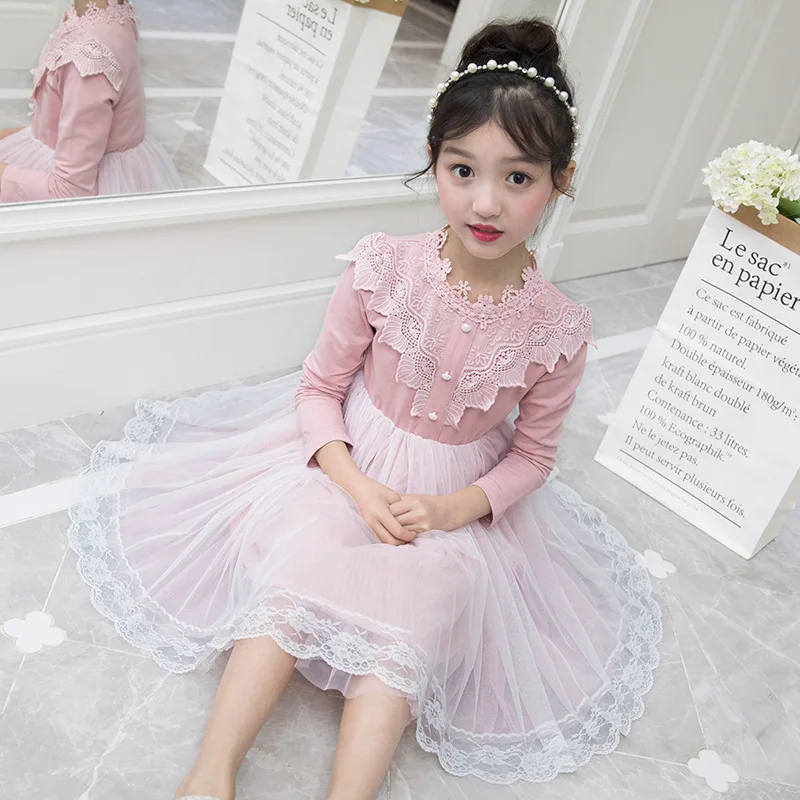 Kids Baby Dress Spring Princess Lace Dresses for Teenage Girls 2019 Solid Color Long Sleeve Patchwork Clothes Children Clothing | Детская