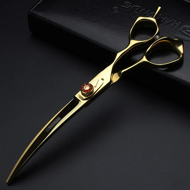Golden Curved 7 дюймов фиолетовый дракон собака Уход Ножницы Набор Собака Ножницы Профессиональные изогнутые ножницы для резки Истончение makas tijeras - Цвет: Golden Curved
