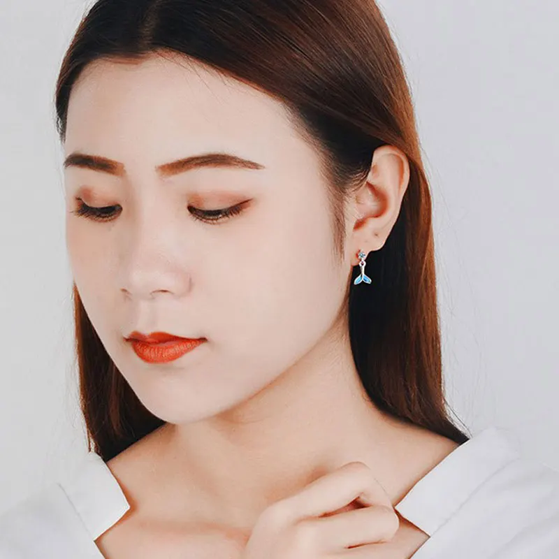 2019 New Arrival Fashion Jewelry 925 Sterling Silver Stud Earrings For Women Shop Blue Mermaid Fish Tail Crystal Personality | Украшения и