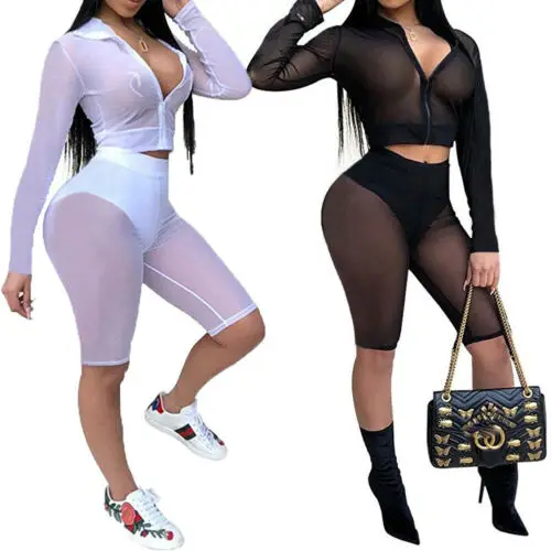 

2 Piece Women Ladies See-through Tracksuit Stretchy Tank Top + Shorts Skinny Short Pants Outfits Set Solid Color