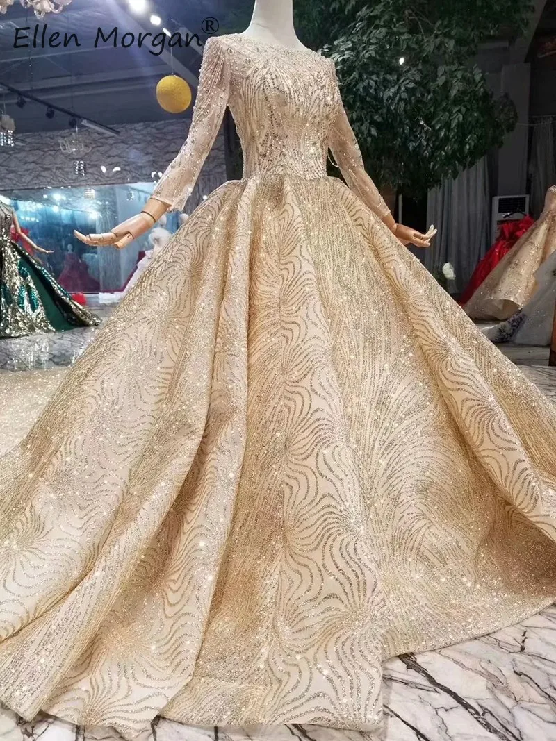 Luxury Glitter Vintage Gold Wedding Dresses Long Sleeves 2019 Sheer Boat Neck Sequins Beads Ball Gown Arabic Bride Gowns | Свадьбы и