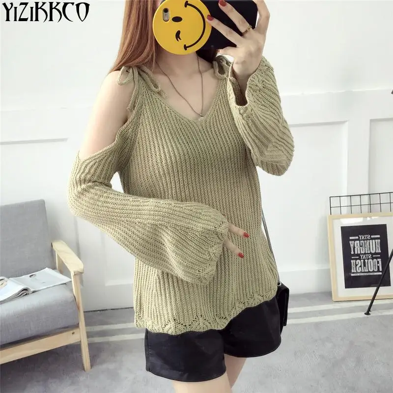 Cold Shoulder Cut Out Пуловеры для женщин сексуальная v-образным вырезом свитер Для с
