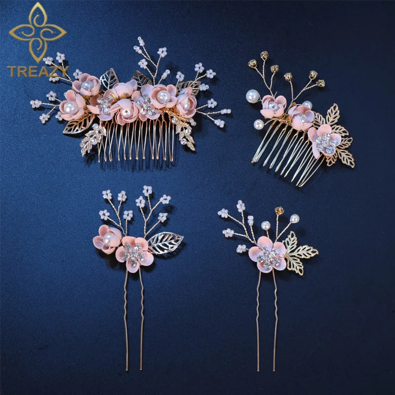 Заколки для волос TREAZY Pretty женские золотистые гребни с розовыми цветами Ювелирное