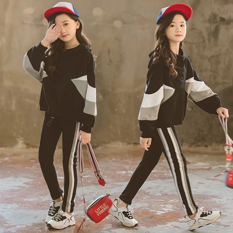 Fashion Girls Clothing Set Hooded Sport for Teenagers Striped Black Tracksuit Children Clothes 2019 Korean Kids | Мать и ребенок