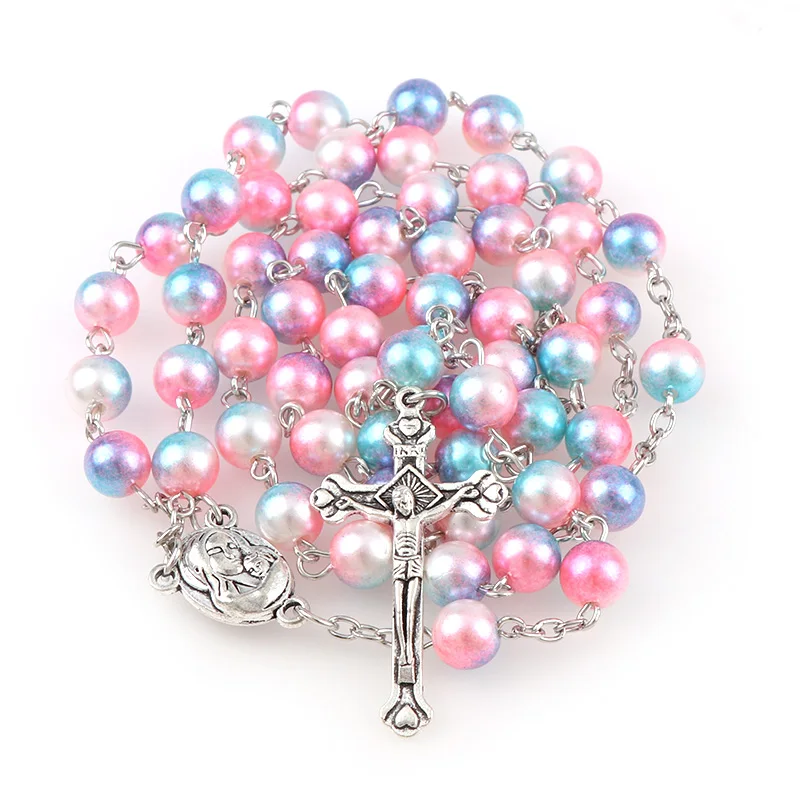 pearl rosary Новые Звездные небесные цветные четки 8 мм круглые жемчужные бусины католические четки со священной почвой медаль распятие молитва религиозные украшения - Окраска металла: pearl rosary