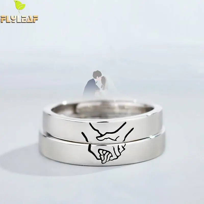 

Flyleaf 925 Sterling Silver Hold Your Hand Lovers Open Rings For Women Men Romantic Couple Jewelry Gift