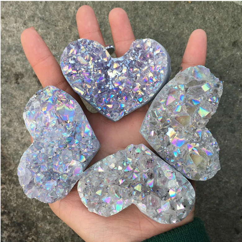 1 шт. лечебные кристаллы Geode в форме сердца камни из титана радуга аура белый