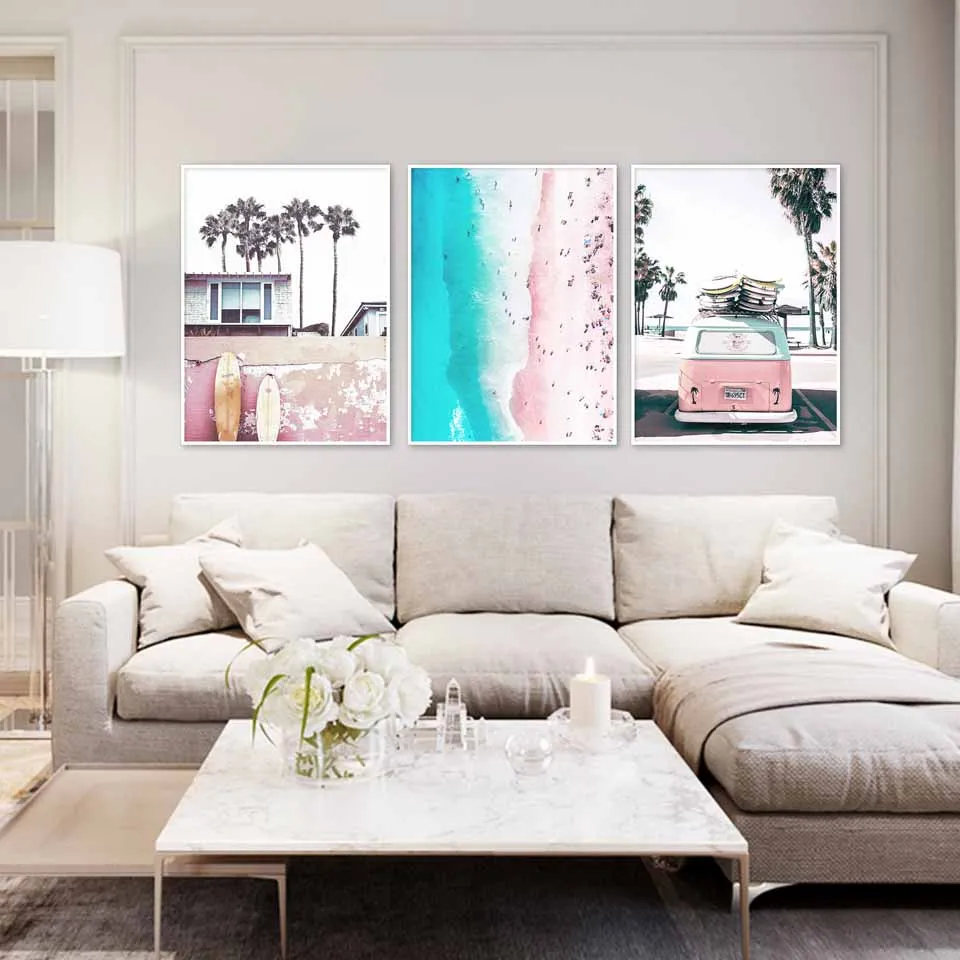 Океанский пейзаж холст постеры скандинавский стиль пляж Розовый автобус