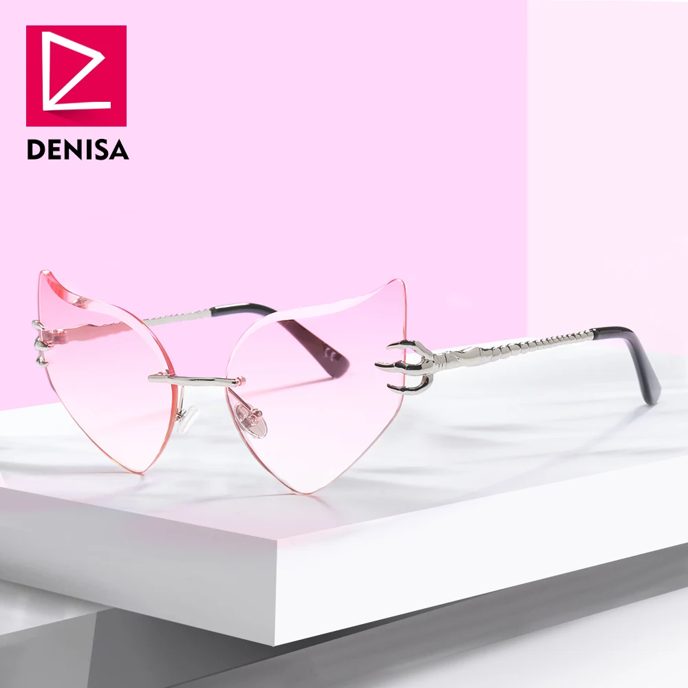 Женские солнцезащитные очки без оправы DENISA розовые с кошачьим глазом UV400