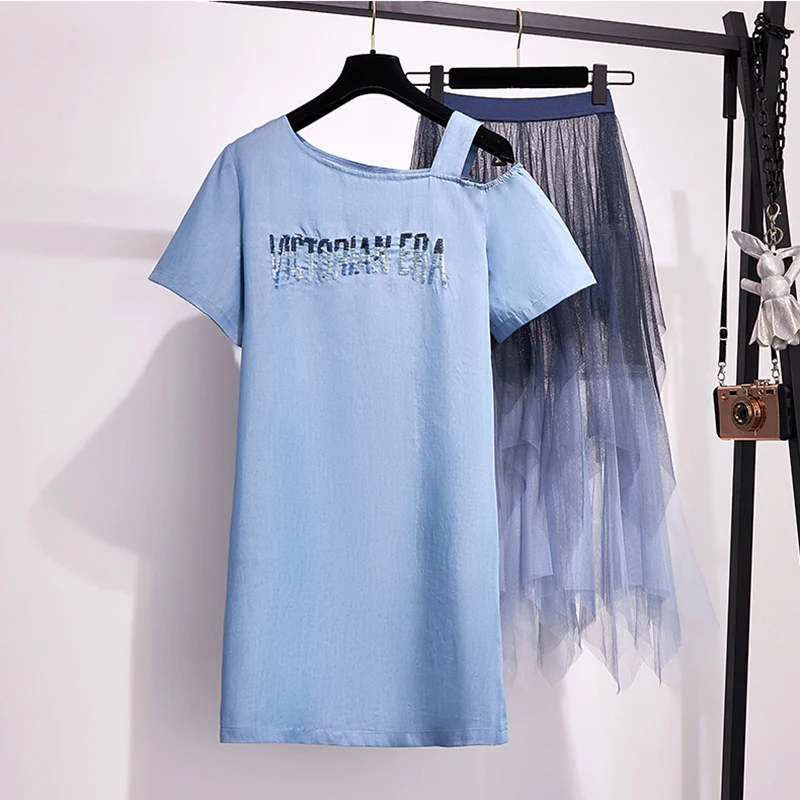 2 Piece Set Women Off Shoulder T Shirt Dress + Irregular Long Mesh Skirt 2019 Summer Two Skirts Plus Size Outfits | Женская одежда