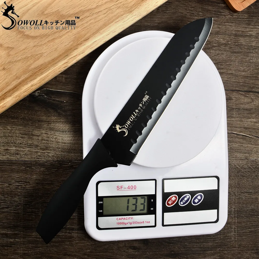 Sowoll 7 дюймов Нержавеющая сталь Santoku Ножи японский Стиль острое лезвие черный