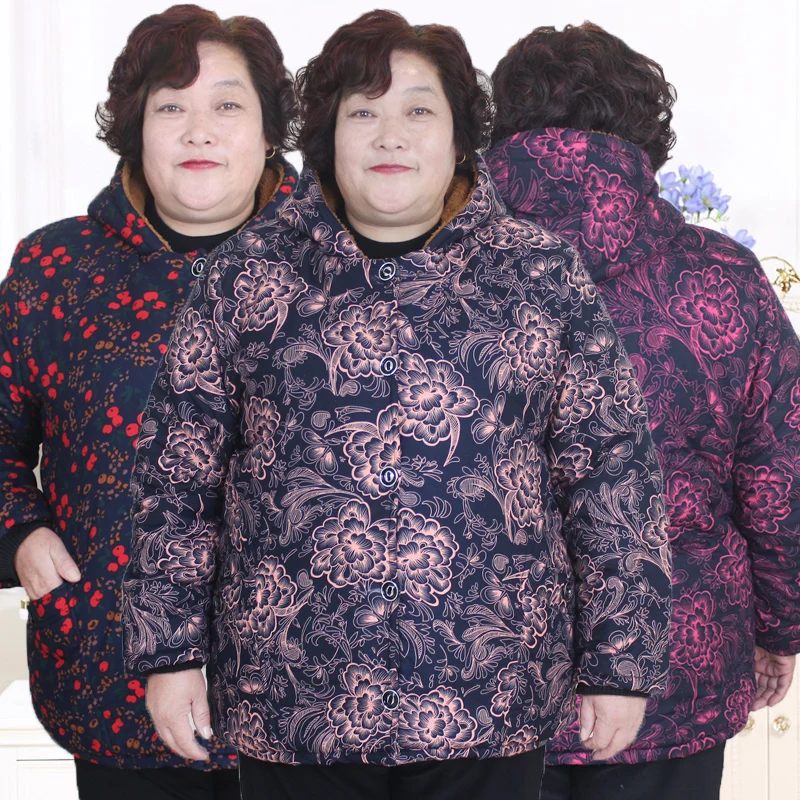 Плюс 5XL-9XL жира мать печати теплый с капюшоном хлопчатобумажное пальто среднего