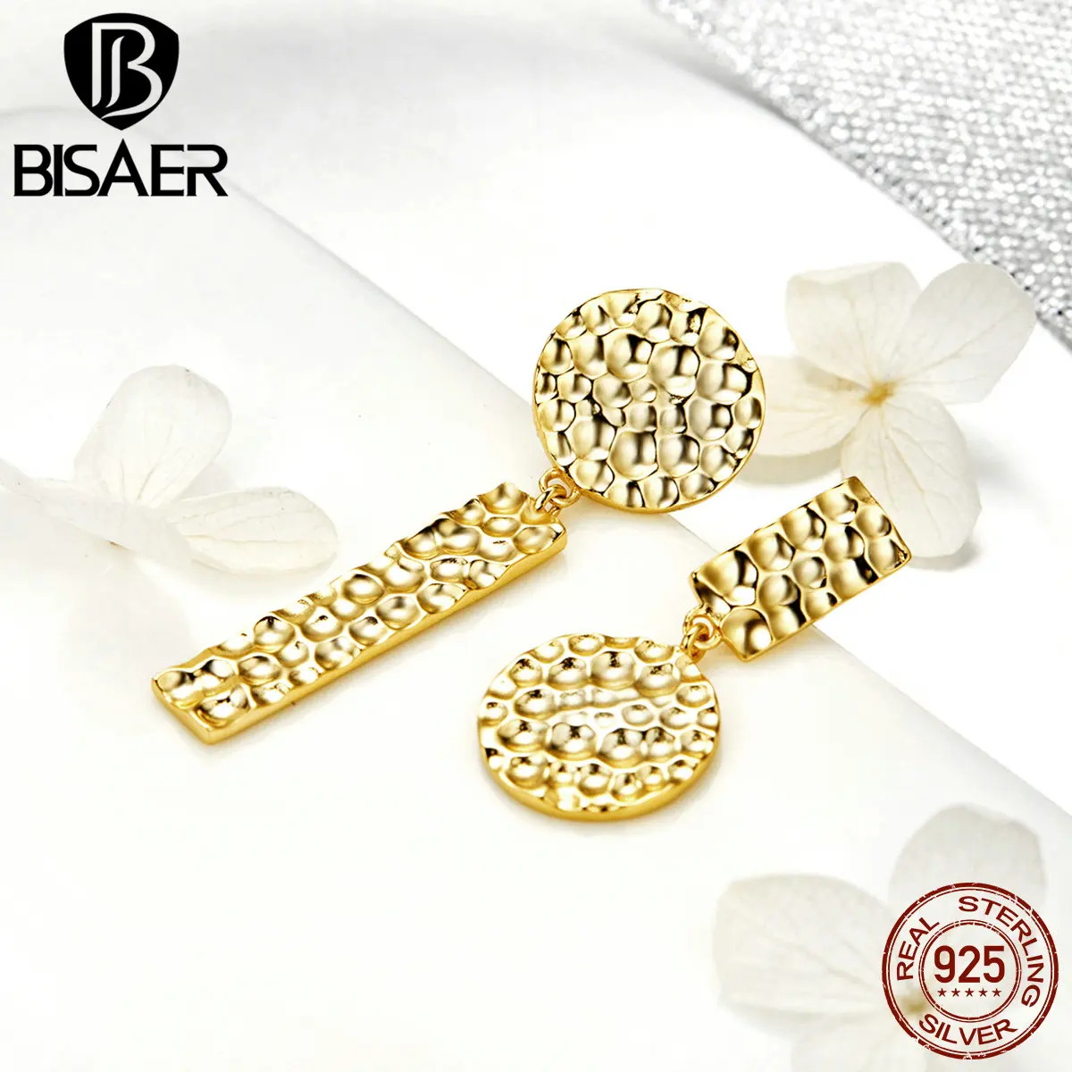 BISAER, модный 925 пробы, серебряный, золотой цвет, геометрический дизайн, округлый, Круглый, серьги-гвоздики для женщин, модные серьги, ювелирное изделие, ECE533
