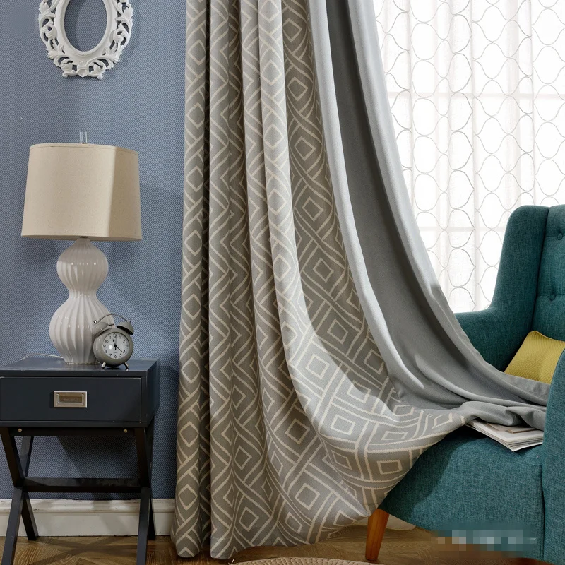 

Custom curtains Nordic grey Double-sided jacquard geometry livingroom bedroom window cloth blackout curtain tulle yarn M392