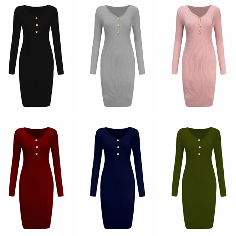 2018 Autumn New Solid Color V-Neck Long Knitted Dress Fashion Quality Long-Sleeved Three Button Streetwear | Женская одежда