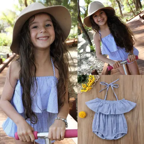 Летняя детская одежда синего цвета в полоску с лямкой на шее комбинезон для