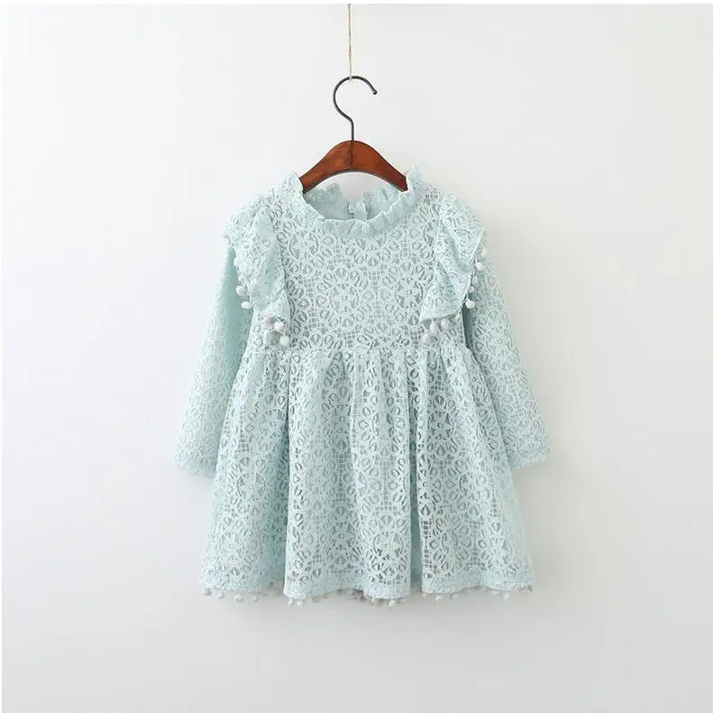 2017 new fashion kids girls flare sleeve lace dress children toddler full hallowing pom fall clothing | Детская одежда и обувь