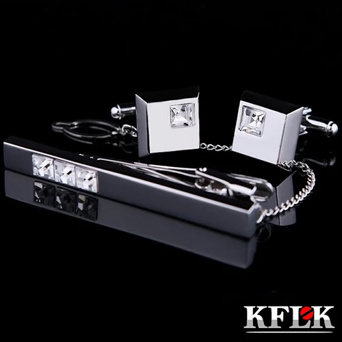 

KFLK Cuff links Good High Quality necktie clip for tie pin for men White Crystal tie bars cufflinks tie clip set Jewelry