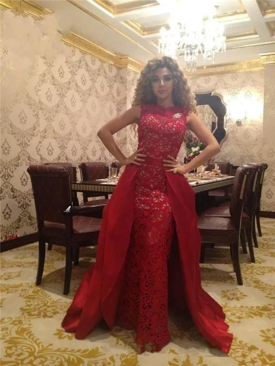 vestido de festa longo 2016 Red Long Evening Dresses With Detachable Train Lace Sheath Satin Tail Custom Made Prom Gowns | Свадьбы и