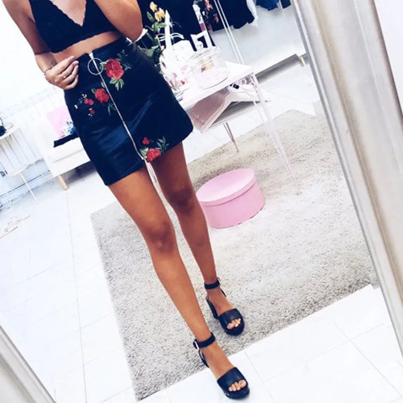 Кожаные женские юбки карандаш с черной пуговицей на молнии спереди мини для