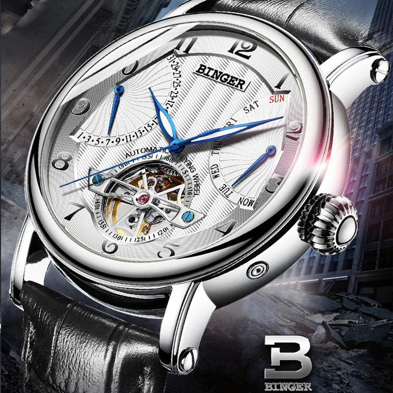 Мужские автоматические механические часы бингера роскошные с сапфировым