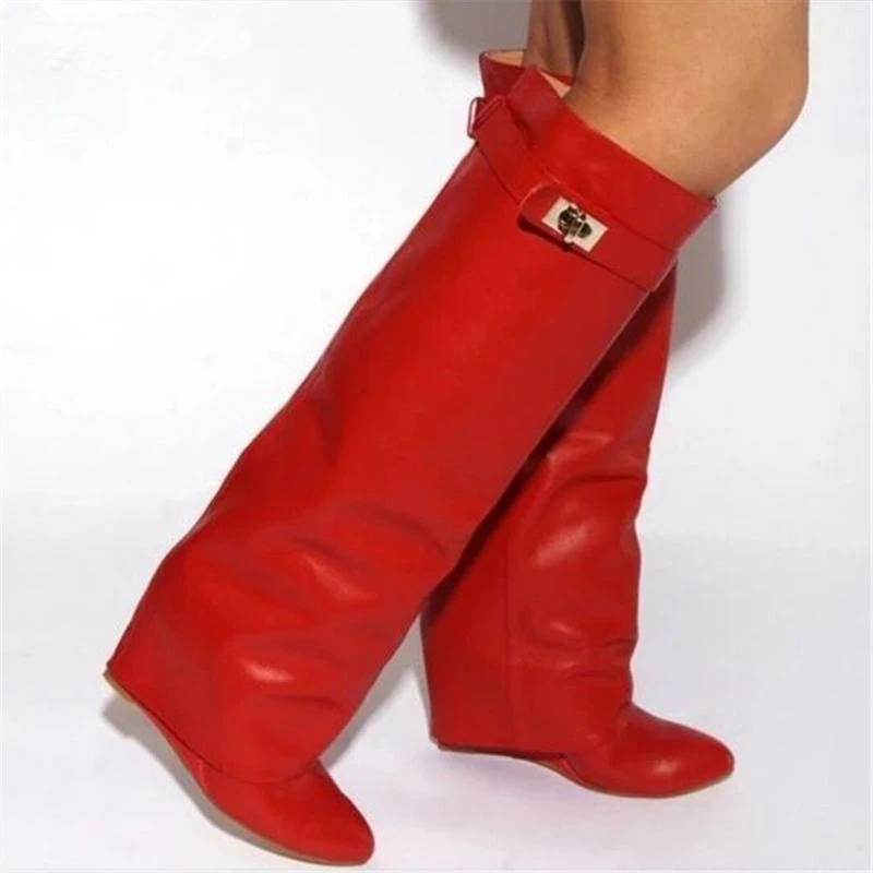Buono Scarpe/женские ботинки черного цвета с замочком акулы; ботинки из натуральной кожи с высоким голенищем; брендовые дизайнерские ботинки на танкетке и высоком каблуке; Botas Mujer; шикарные ботинки; коллекция года
