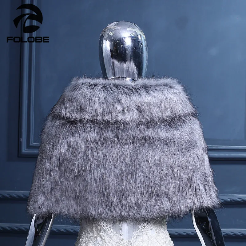 FOLOBE Fashion Grey Faux Fur Wedding Cape Warm Female Wraps Shawl For Evening Party Prom Women Winter Shawls |