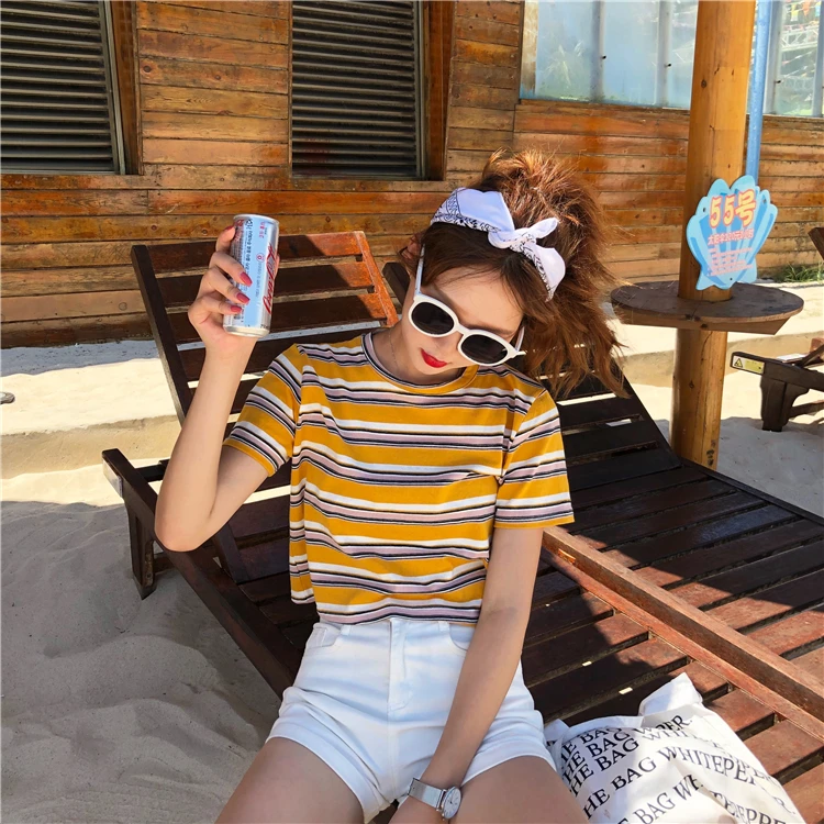 6 цветов 2019 Лето корейский стиль свободные красочные полосатые футболки с