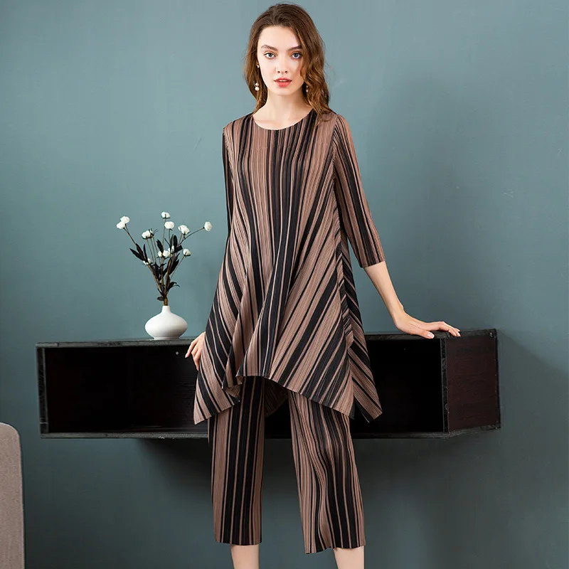 Changpleat 2018 Осенние новые женские комплекты в полоску Miyak плиссированные