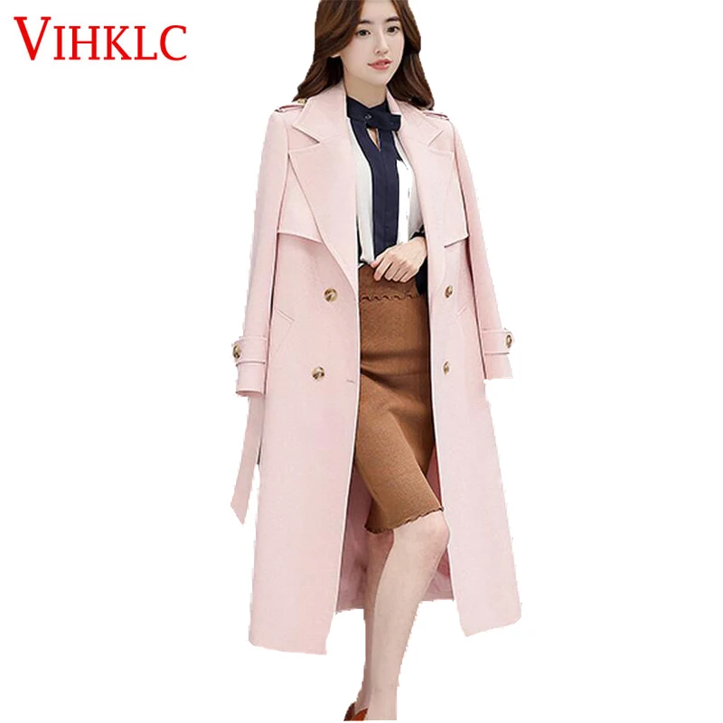 Весенне осенний Новый Розовый Женский Тренч 2017 длинный Повседневный однобортный