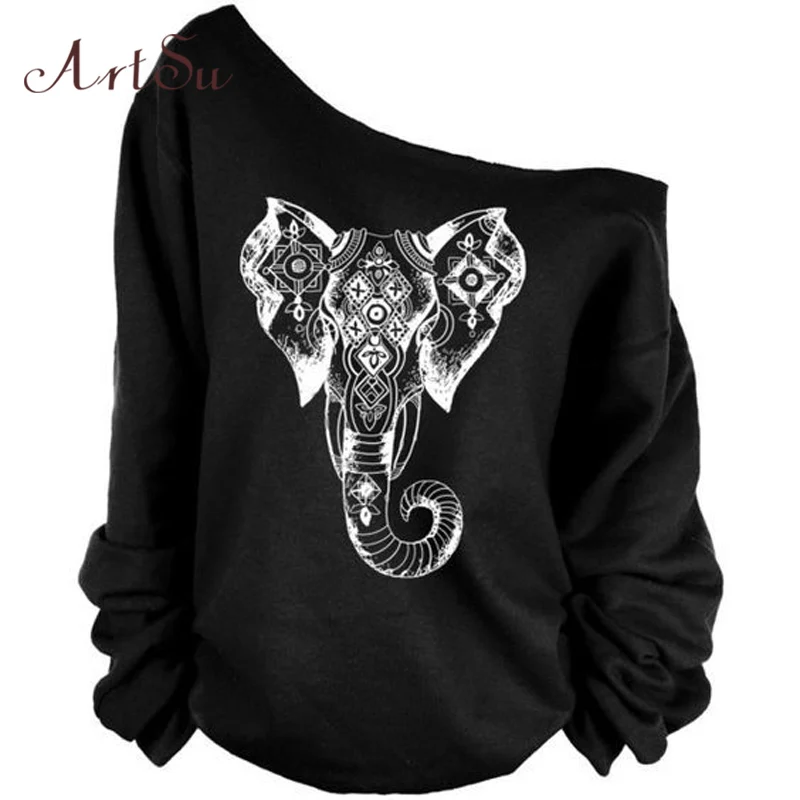 005elephant ArtSu, черный, с цветочным принтом, на одно плечо, Толстовка для женщин, сексуальная, с длинным рукавом, повседневная, свободная, Осень-зима, толстовки, белые, ASHO20033 - Цвет: 005elephant