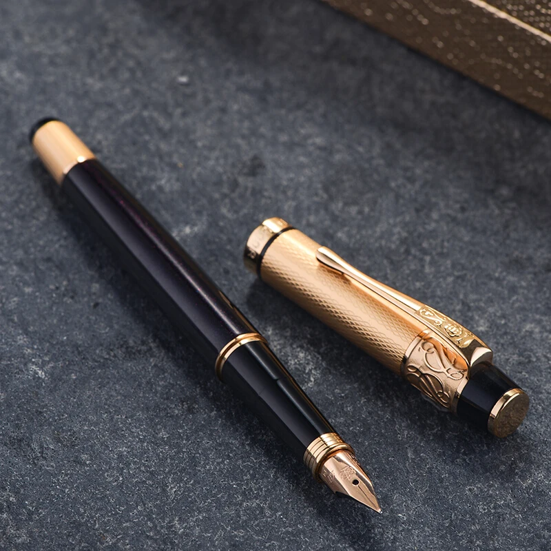 Luxury Hero 200B 14K Gold Collection Black Fountain Pen Golden Carved Cap Fine Nib 0.5mm Gift and Box for Business Office | Канцтовары