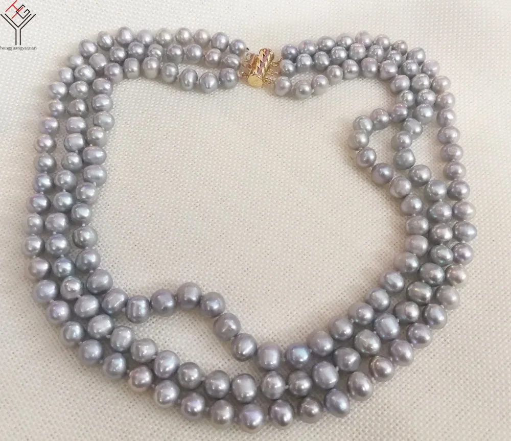 Women Jewelry 3 rows necklace 8mm gray pearl beads handmade natural freshwater cultured | Украшения и аксессуары