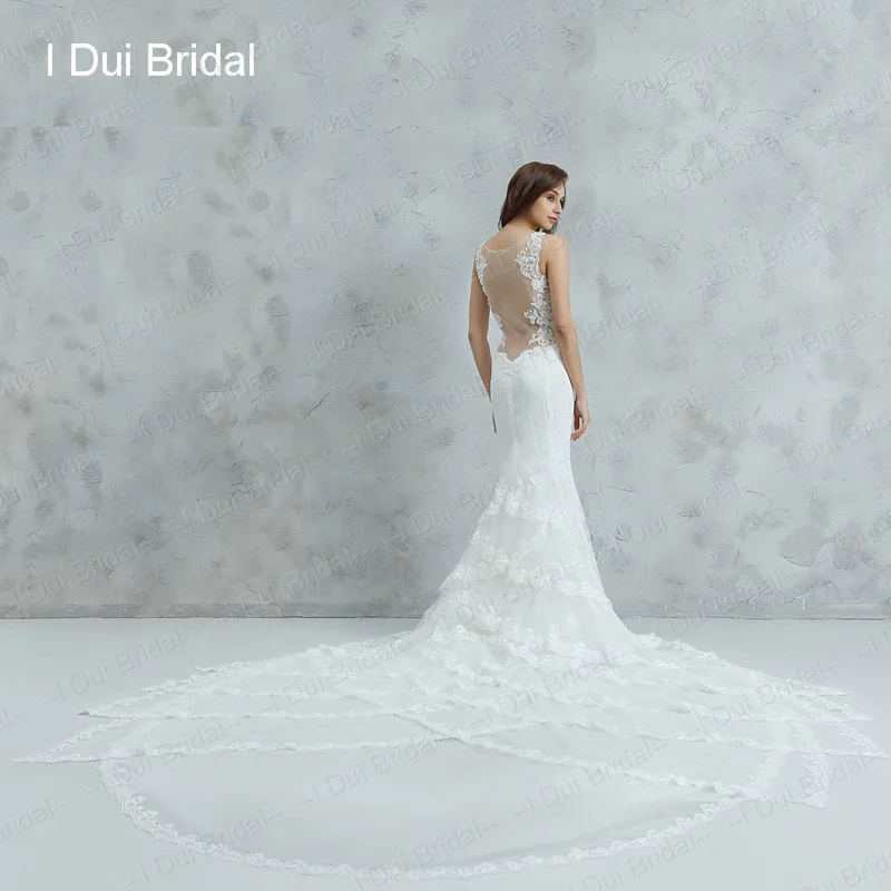 Sheer Back Sheath Wedding Dresses Unique Lace Luxury Long Train Sexy Bridal Gown