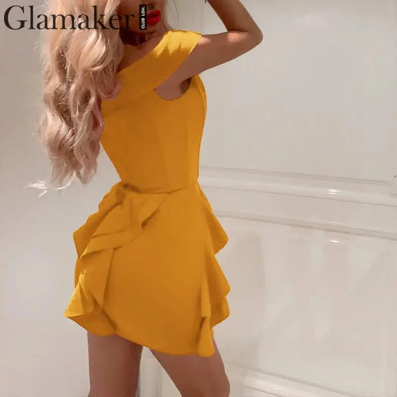 Glamaker, Ретро стиль, с оборками, красное мини-платье, женское, с открытыми плечами, облегающее, короткое, летнее платье, женское, однотонное, желтое, вечернее платье