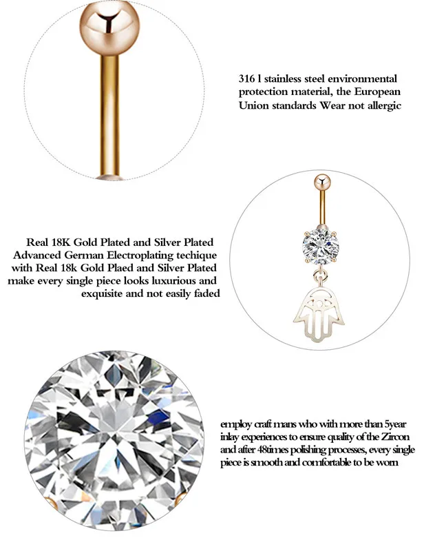 Kinitial Циркон живота пирсинг кольцо Мода хамса руки болтались сексуальные