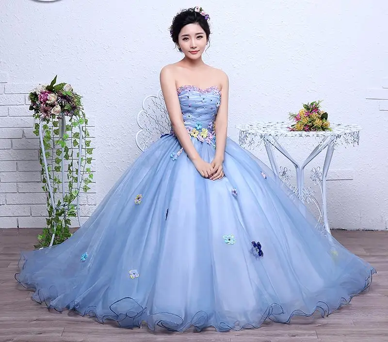 Новое милое голубое праздничное платье с цветами Vestidos De 15 Anos плюс размер пышное платье для балла маскарада